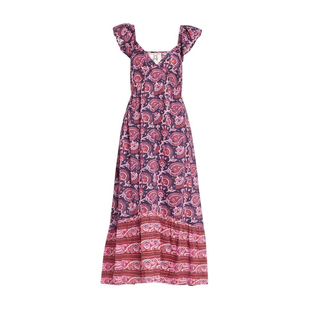 Figue Cosette A-Line Midi Dress Pink Purple Paisley Ruffle Sleeve Small - Picture 2 of 8